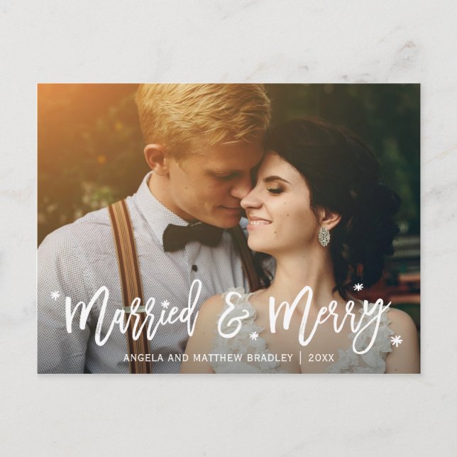Burgundy Blommigt Married och God jul Photo Helg Vykort (Framsida)