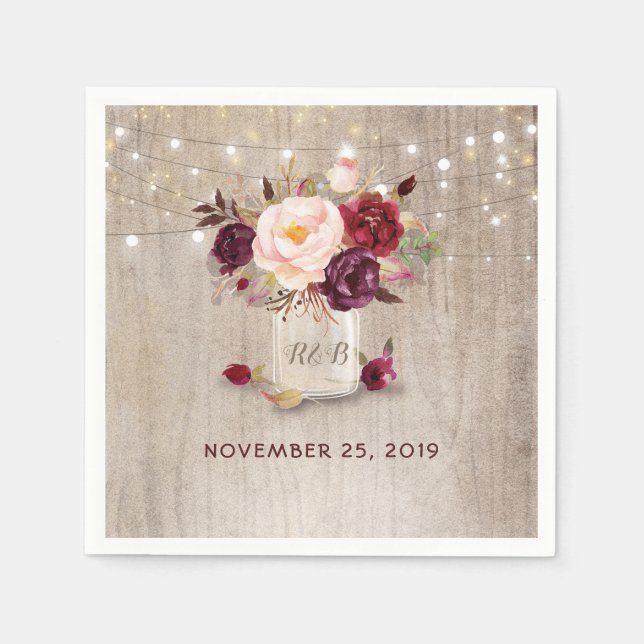 Burgundy Blommigt Mason Burk Rustic Pappersservett (Framsidan)