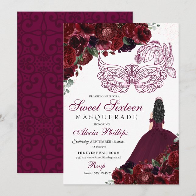 Burgundy Blommigt Masquerad Sweet 16-inbjudan Inbjudningar (Fram/baksida)