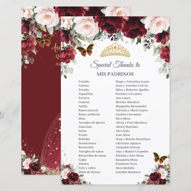 Burgundy  Blommigt Mis Padrinos Quinceañera (Fram/baksida)