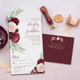 Burgundy Blommigt Modern Bröllop