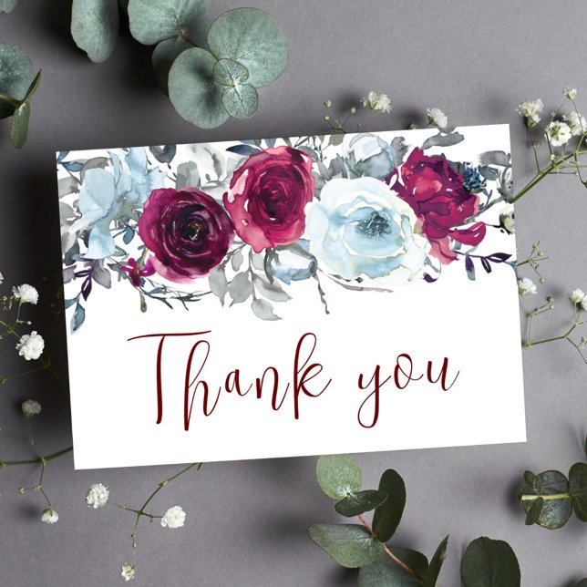 Burgundy Blommigt Modern Bröllop Tack Vykort (Burgundy Floral Modern Wedding Thank You Postcard)
