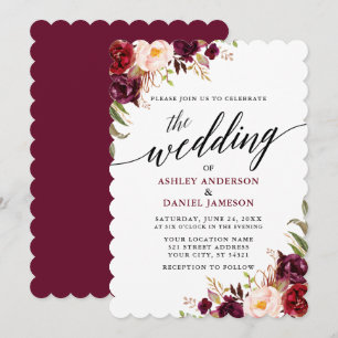 Burgundy Blommigt Modern Elegant Calligraphy Bröll Inbjudningar