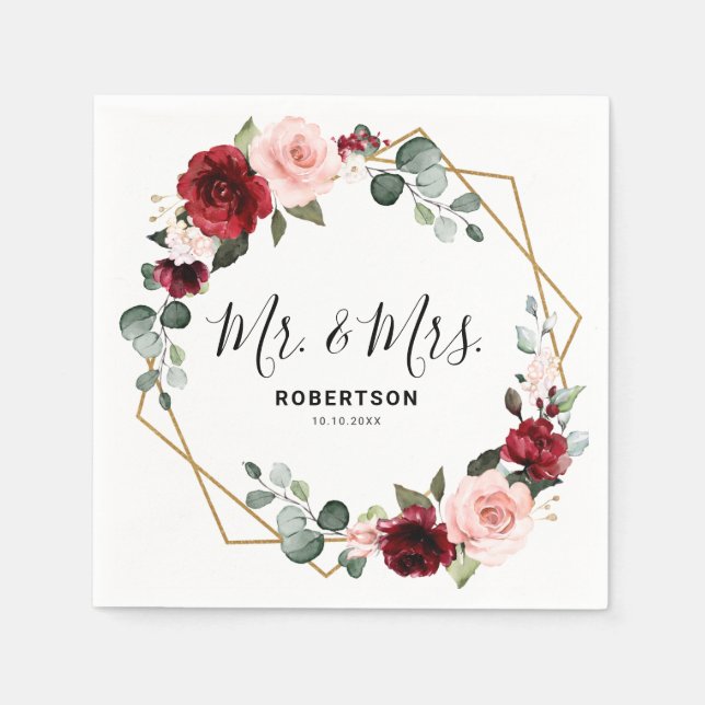 Burgundy  Blommigt Modern Geometric Bröllop Pappersservett (Framsidan)