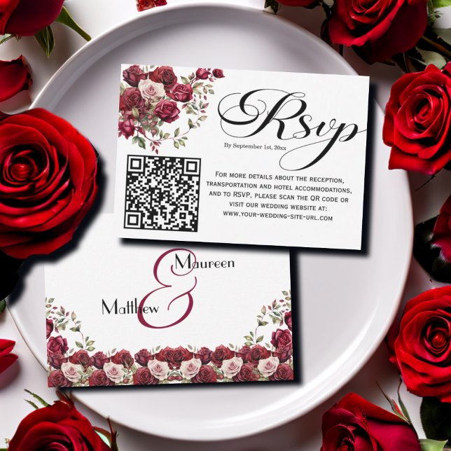 Burgundy Blommigt Modern OSA kort QR-kod i skript (Skapare uppladdad)