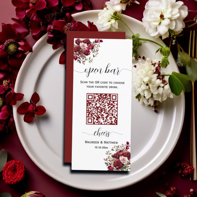 Burgundy Blommigt Modern QR-kod Bröllop Open Pub Meny (Skapare uppladdad)