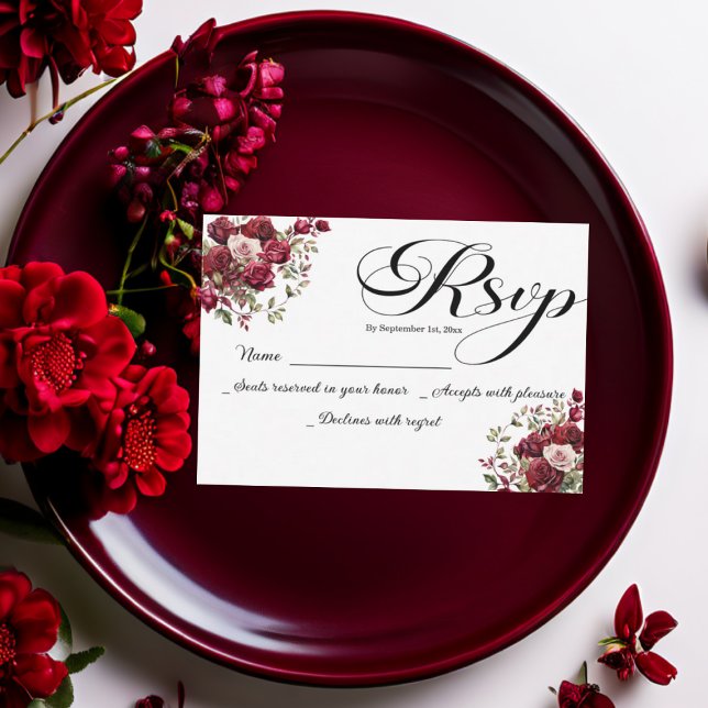 Burgundy Blommigt Modern Script Bröllop OSA Card Kort (Skapare uppladdad)