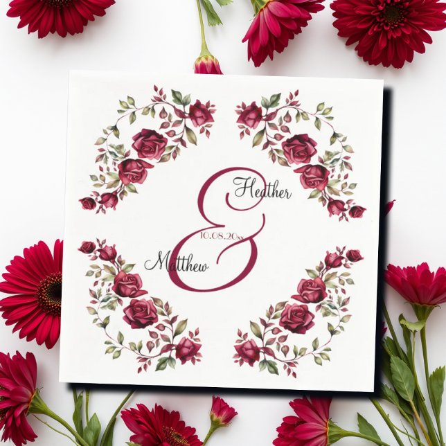Burgundy Blommigt Modern Script Bröllop Pappersservett (Skapare uppladdad)