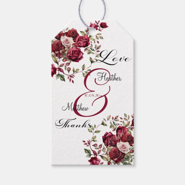 Burgundy Blommigt Modern Script Bröllop Presentetikett (Framsidan)