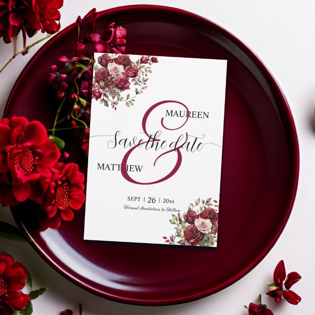 Burgundy Blommigt Modern Script Bröllop Spara Datumet (Skapare uppladdad)