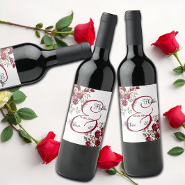 Burgundy Blommigt Modern Script Bröllop Vinflaska Etikett