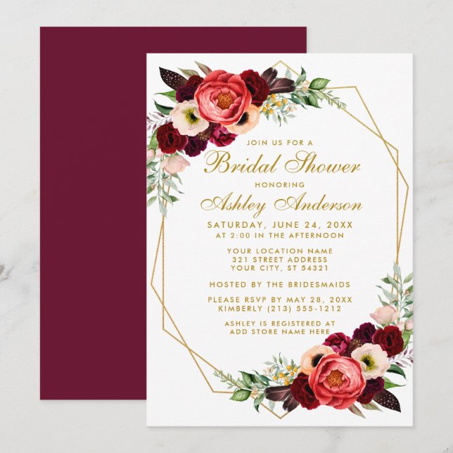 Burgundy Blommigt Möhippa Boho Inbjudan BG (Fram/baksida)