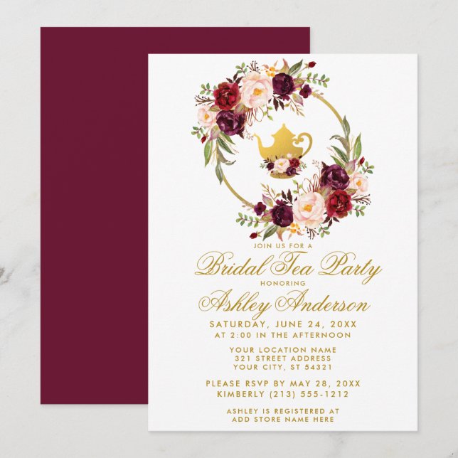 Burgundy Blommigt Möhippa Tea Party Inbjudan GB (Fram/baksida)