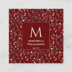 BURGUNDY Blommigt MONOGRAM-Anpassningsbar, skript Fyrkantigt Visitkort