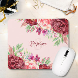 Burgundy  Blommigt Monogram Namn Musmatta