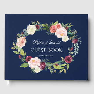 Burgundy  Blommigt Mörk blått andedräkt Bröllop Gästböcker