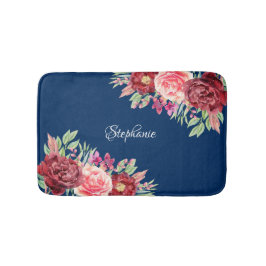 Burgundy Blommigt Navy Blue Badrumsmatta