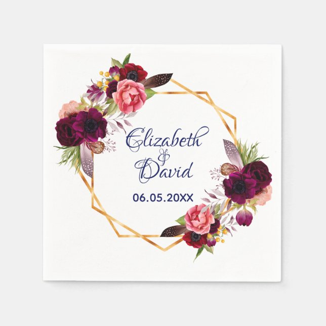 Burgundy blommigt navy blue boho bröllop pappersservett (Framsidan)