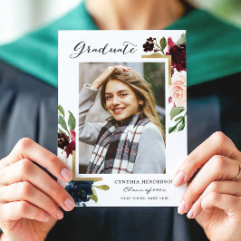Burgundy Blommigt Navy Blue Photo Studentfest Inbjudningar