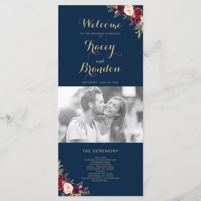 Burgundy Blommigt Navy Blue Script Photo Bröllop Program (Framsida)
