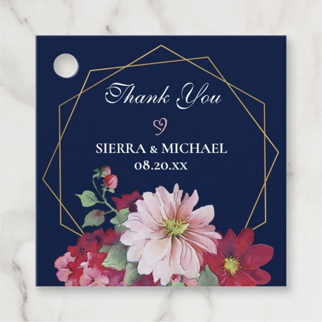  Burgundy Blommigt Navy Guld Geometric Bröllop Gåvor Etiketter (Framsida)