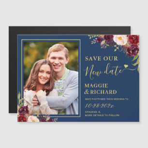 Burgundy Blommigt Navy Guld Spara New Date Magnet