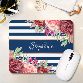 Burgundy Blommigt Navy Rand Monogram Namn Musmatta