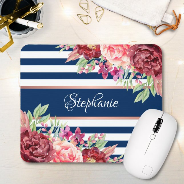Burgundy Blommigt Navy Rand Monogram Namn Musmatta (Skapare uppladdad)