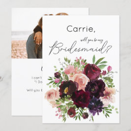 Burgundy Blommigt och foto blir du min bridesaid? Inbjudningar