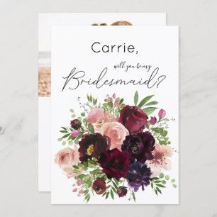 Burgundy Blommigt och foto blir du min bridesaid? Inbjudningar