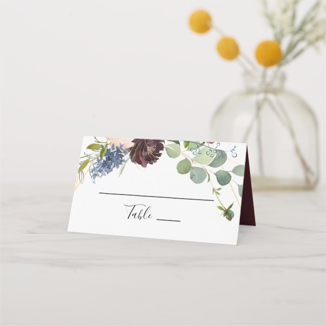 Burgundy Blommigt och Greenery Bröllop Place Card Placeringskort (Framsida)