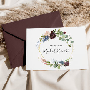 Burgundy Blommigt och Greenery Maid of honor Inbjudan Vykort