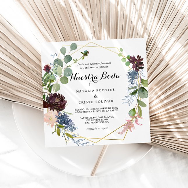 Burgundy Blommigt och Greenery Spain Bröllop Inbjudningar (Skapare uppladdad)