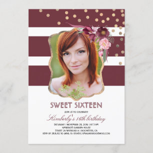 Burgundy Blommigt och Guld Photo Birthday Sweet 16 Inbjudningar