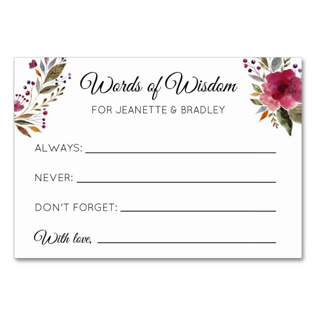 Burgundy Blommigt Ord of Wisdom Advice Cards Bordsnummer (Framsidan)