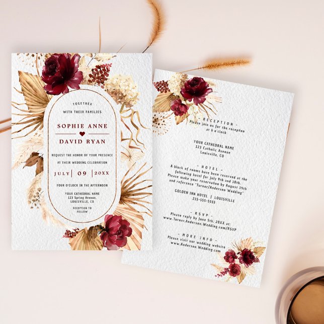 Burgundy Blommigt Pampas Grass - allt på ett Bröll Inbjudningar (Burgundy pampas grass wedding invite, trendy terracotta floral wedding, modern floral dried leaves)