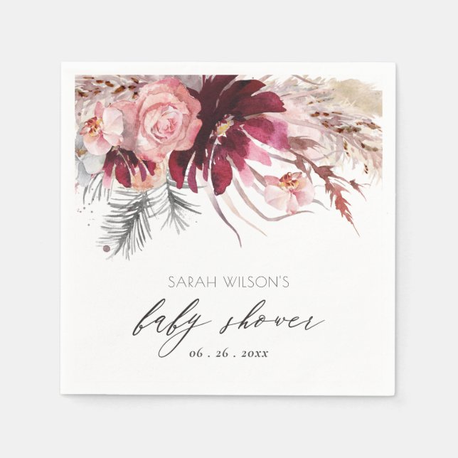 Burgundy  Blommigt Pampas Grass Baby Shower Pappersservett (Framsidan)