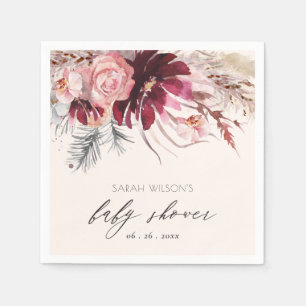 Burgundy  Blommigt Pampas Grass Baby Shower Pappersservett