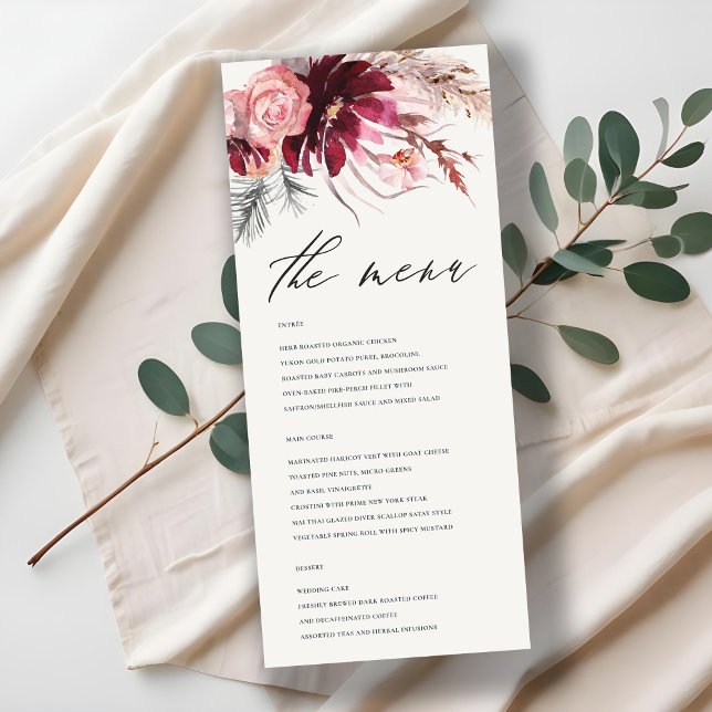 Burgundy  Blommigt Pampas Grass Bröllop Menu Meny (Skapare uppladdad)