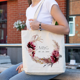 Burgundy Blommigt Pampas Grass Bröllop Tygkasse