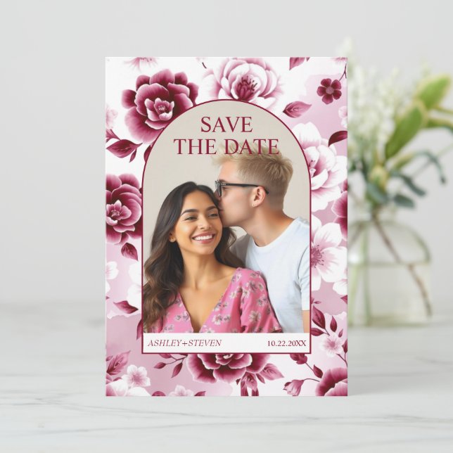 Burgundy blommigt patter, vattenfärg tvätta bågfot spara datumet (Stående Fram)