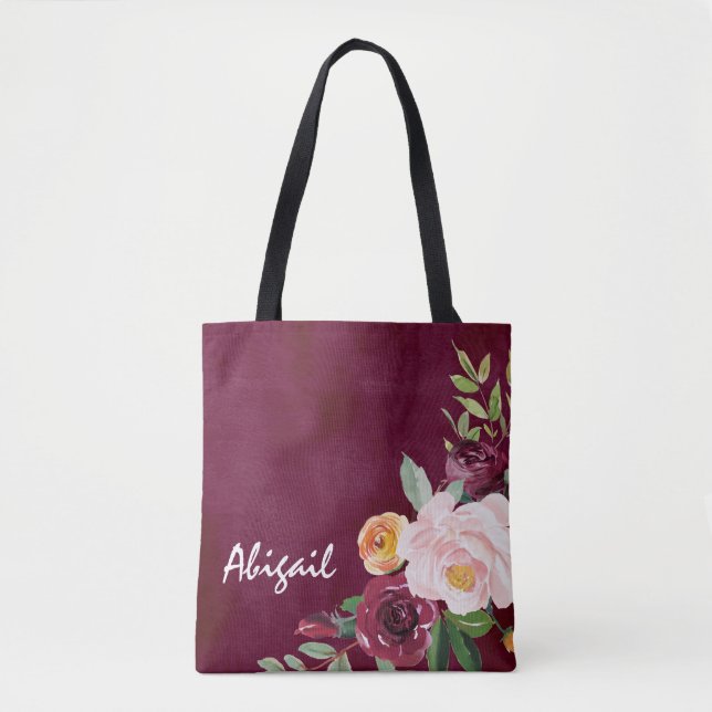 Burgundy Blommigt Peonies Personlig Tote Bag Tygkasse (Framsida)