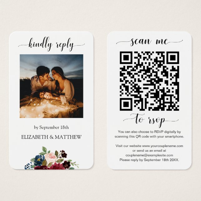 Burgundy Blommigt Photo QR-kod Skanna mig till OSA Visitkort (Framsida & baksida)