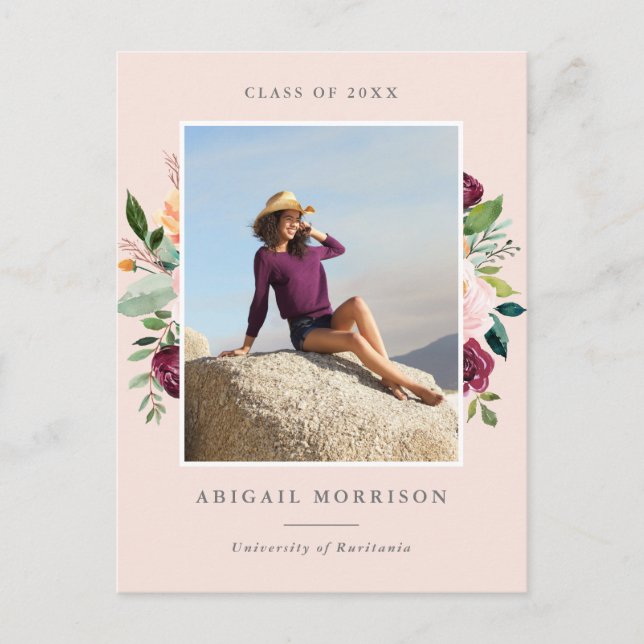  Burgundy Blommigt Photo Studentfest Inbjudan Vykort (Framsida)