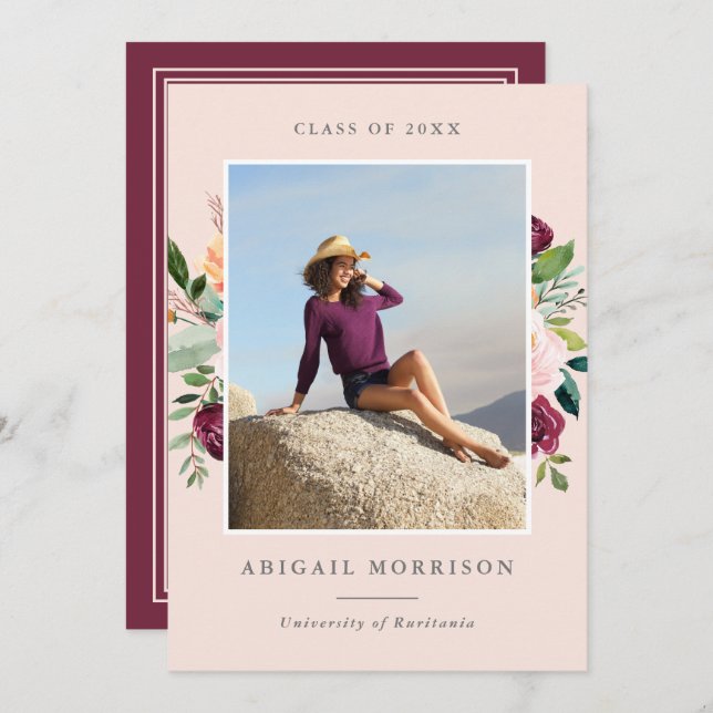 Burgundy  Blommigt Photo Studentfest Inbjudningar (Fram/baksida)