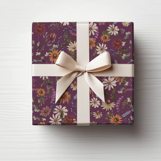 Burgundy-Blommigt Presentpapper (Burgundy Floral Wrapping Paper
)