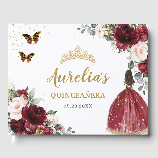Burgundy  Blommigt Princess Guld Quinceañera Gästböcker (Framsida)