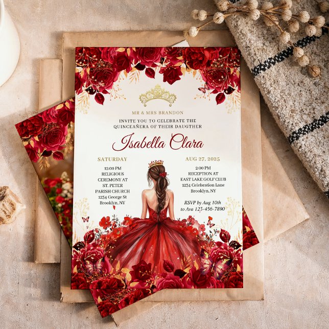 Burgundy Blommigt Princess Guld Quinceanera Inbjudningar (Skapare uppladdad)
