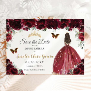 Burgundy Blommigt Princess Guld Quinceañera Sweet Spara Datumet