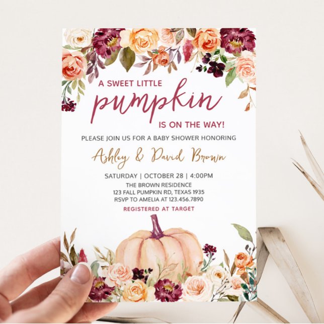 Burgundy Blommigt Pumpkin Baby Shower Inbjudningar (Marsala Burgundy Fall Pumpkin Baby Shower )